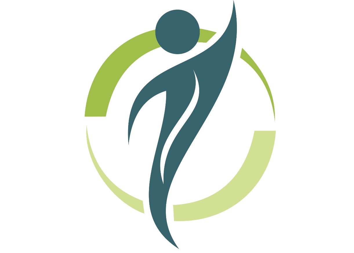 Logo circular do Evoluir Centro de Saúde: símbolo abstrato azul, roxo e verde sobre fundo branco em estilo minimalista, evocando saúde, cuidado e bem-estar com formas suaves e modernas